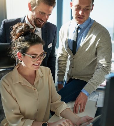 Collaboration, glasses and woman with tablet, smile and confident for research, online and pitch development. Business, teamwork and creative for copywriting, vision and editing for media in office.
